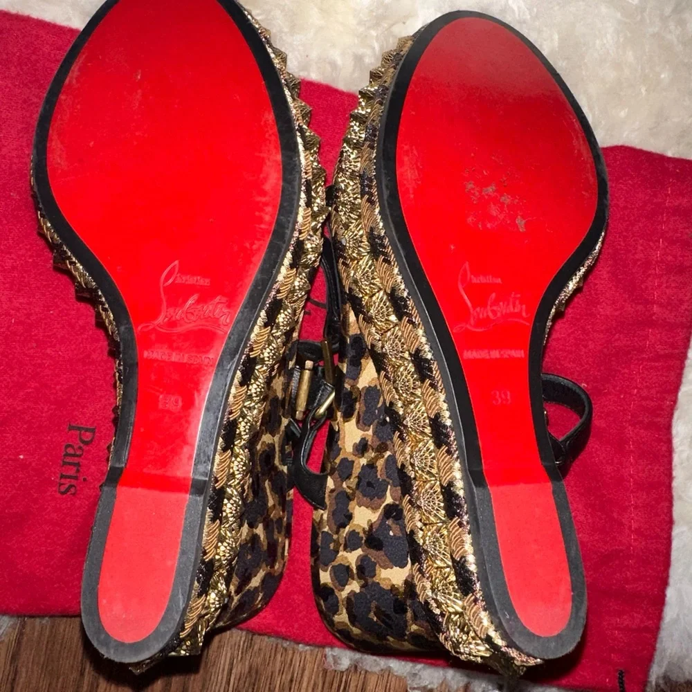 Christian Louboutin Black & Leopard Studded Wedge Sandals